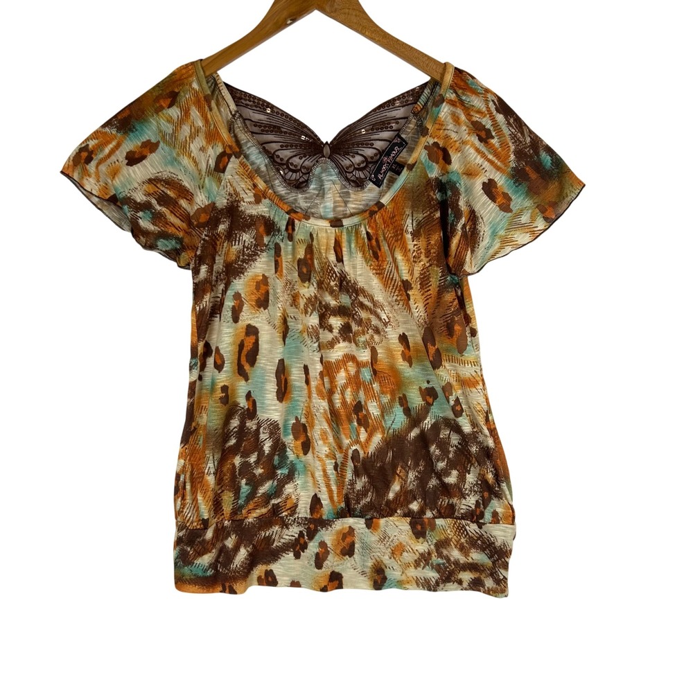 Almost Famous Womens XL Animal Print Butterfly Sequin Back Flutter Sleeve Top
